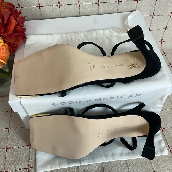 Good American Suede Strappy Heels Gold Square Toe Sz 11.5 Black Leather New - Picture 6 of 6